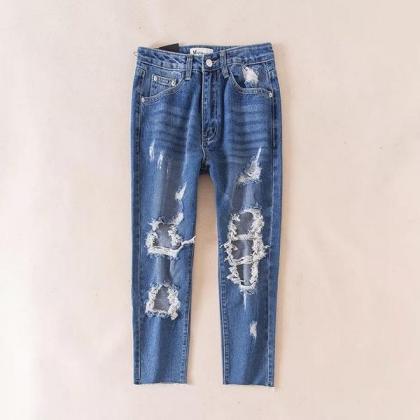 Rough Holes Zipper Slim Long Pants Jeans