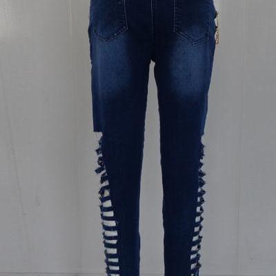Cut Out Pure Color Holes Zipper Slim Long Jeans