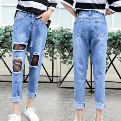 Curled Pure Color Holes Harem Slim Long Jeans