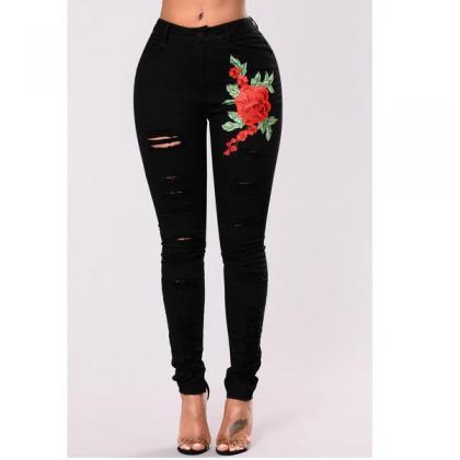 Embroidery Flowers Cut Out High Waist Elasticity..