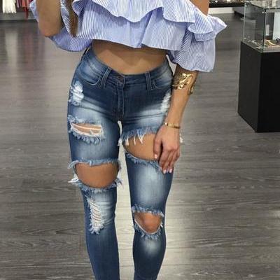 Flower Embroidery Holes Rough Slim Long Jeans