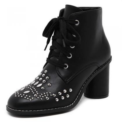 Studded Round Toe Lace Up Ankle Boots With..