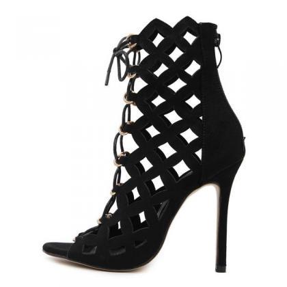 Suede Peep-toe Lace-up Cutout Ankle Boots With..