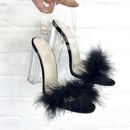 Open-toe Fur Block Heels With Transparent Ankle..