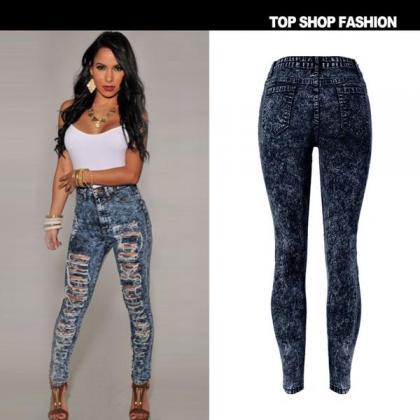 Rough Cut Out Holes High Waist Skinny Jeans Long..