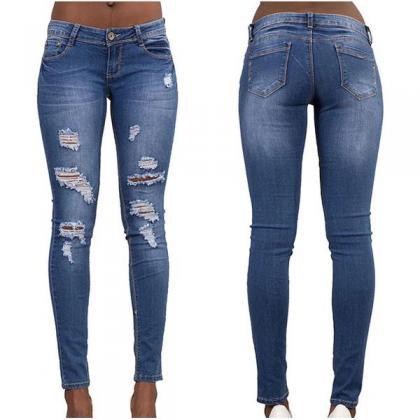 Solid Color Rough Holes Long Skinny Jeans Denim..