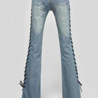 Straps Lace Up Slim Bell-bottomed Long Jeans Denim..