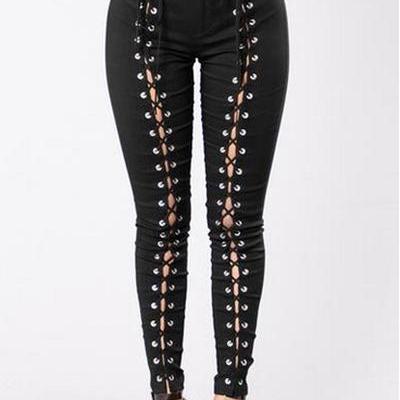 Straps Lace Up Hollow Out Solid Color Long Skinny..