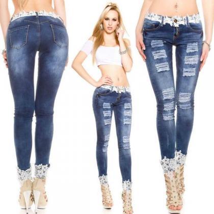 Lace Patchwork Rough Hollow Out Long Skinny Jeans..