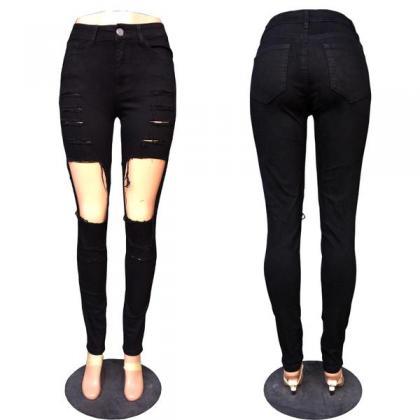 Rough Cut Out Holes Low Waist Long Skinny Jeans..