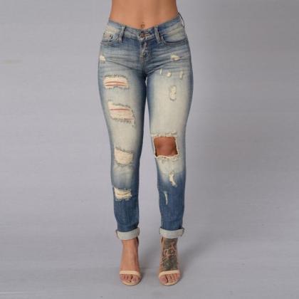 Low Waist Cut Out Rough Curled Long Jeans Denim..