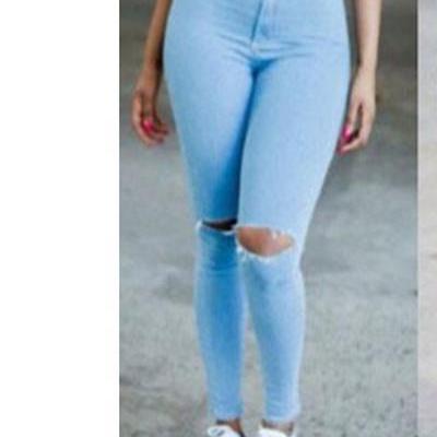 Cut Out Knee Holes Pure Color Long Slim Skinny..
