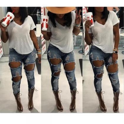 High Waist Hollow Out Rough Holes Skinny Long..
