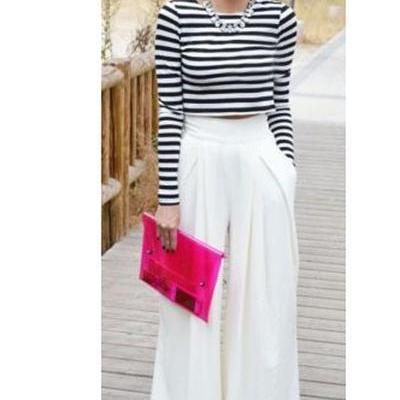 Candy Color High Waist Loose Wide-legs Chiffon..