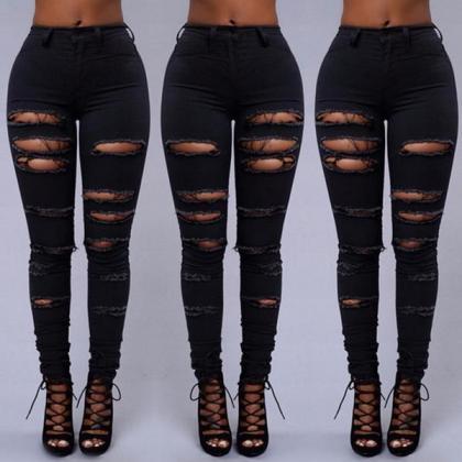 Hollow Out Rough Middle Waist Long Skinny Pants..