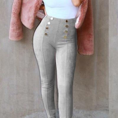 Buttons Decorate Suede Candy Color Long Skinny..