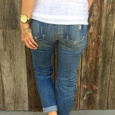 Curled Edge Cut Out Knee Holes Long Skinny Jeans