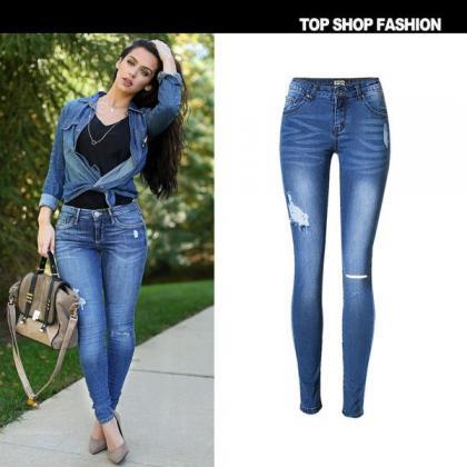 Beggar Style Cut Out Hole Long Skinny Jeans Denim..