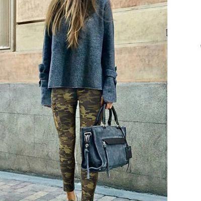 Camouflage Pockets Middle Waist Long Skinny Pants