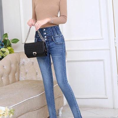 High Waist Buttons Solid Color Long Pencil Skinny..