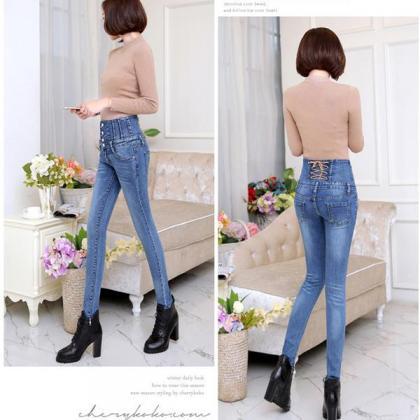 High Waist Buttons Solid Color Long Pencil Skinny..