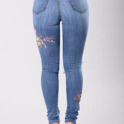 Flower Embroidery Middle Waist Cut Out Holes Long..