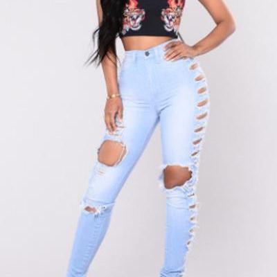 Solid Color High Waist Cut Out Holes Long Skinny..