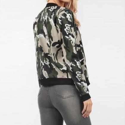 Camouflage Print Zipper Stand Colla..