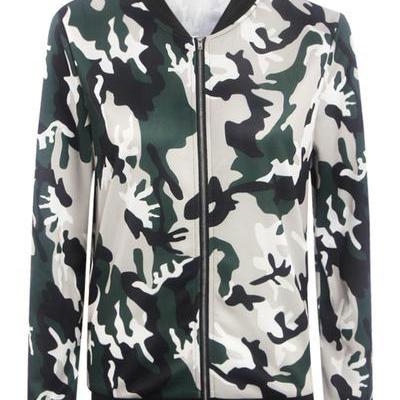 Camouflage Print Zipper Stand Colla..