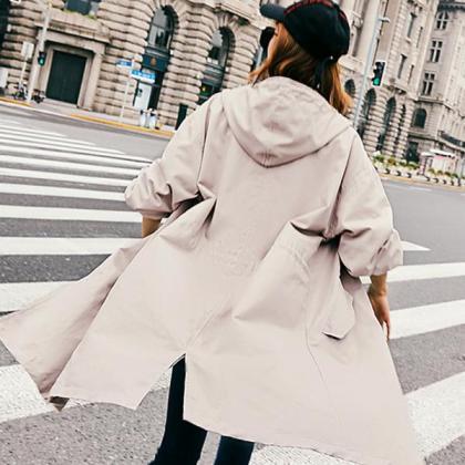 Drawstring Buttons Pockets Hooded Long Coat