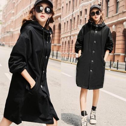 Drawstring Buttons Pockets Hooded Long Coat
