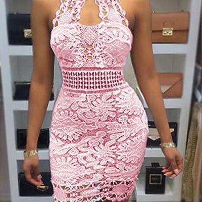 Stand Collar Halter Backless Short Lace Dress