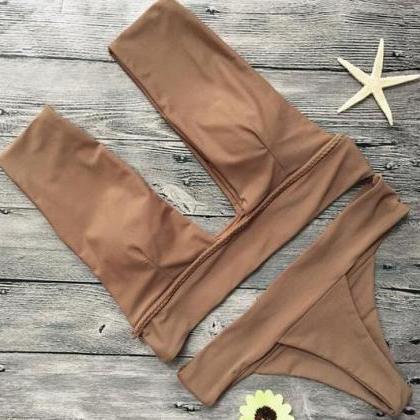 Deep V-neck Solid Color Low Waist Bikini Set