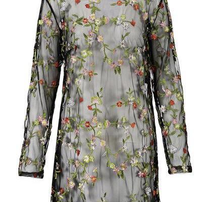 Flower Embroidery High Neck Long Sleeves Short..