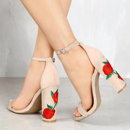 Embroidery Chunky Heels Open Toe Ankle Wrap..
