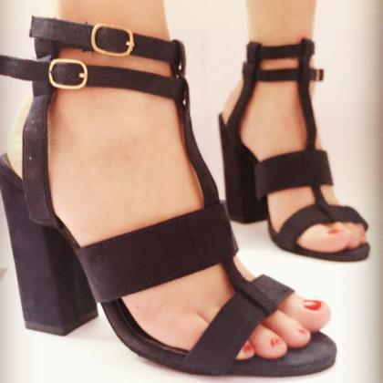 Open Toe Straps Ankle Wraps Hasp Chunky Heels..