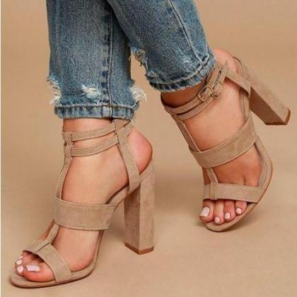 Open Toe Straps Ankle Wraps Hasp Chunky Heels..