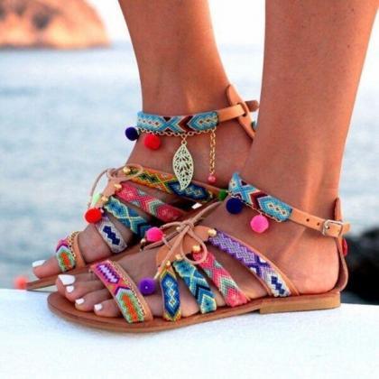 Colorful Bohemian Ball Decorate Open Toe Ankle..