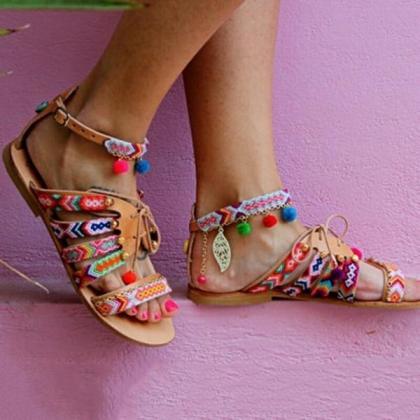 Colorful Bohemian Ball Decorate Open Toe Ankle..