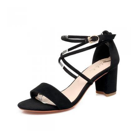 Suede Chunky Heel Open Toe Lace Ankle Strap..
