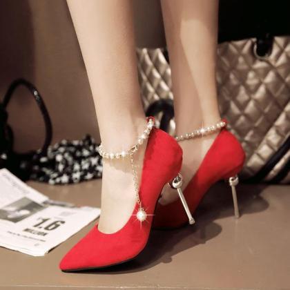 Beadings Pointed Toe Ankle Wrap Stiletto High..