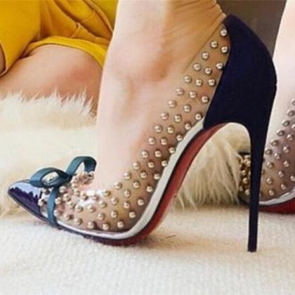 Pointed Toe Bowknot Decorate Rivets Stiletto High..