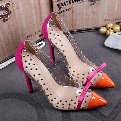 Pointed Toe Bowknot Decorate Rivets Stiletto High..