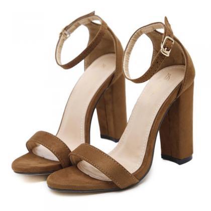 Solid Color Suede Ankle Wrap Open Toe Chunky High..