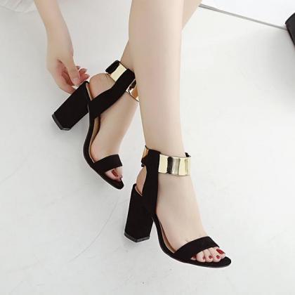 Shinning Gold Ankle Wrap Open Toe Chunky High..