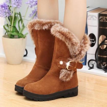Faux Fur Decorate Round Toe Chunky Heel Long Snow..