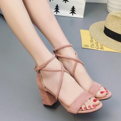 Lace Straps Ankle Wraps Open Toe Low Chunky Heels..