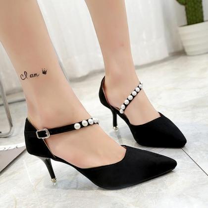 Beads Decorate Ankle Wrap Pointed Toe Stiletto..