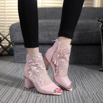 Lace Patchwork Peep Toe Low Chunky Heels Short..