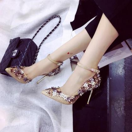 Sequins Flowers Shinning Pointed Toe Stiletto High..